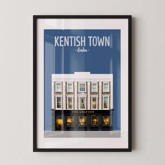 Framed artwork of a building in Kentish Town, London with 'Kentish Town' text on a blue background.